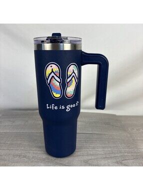 Life Is Good Tie-Dye Flip Flops Insulated Travel Tumbler Mug with Handle